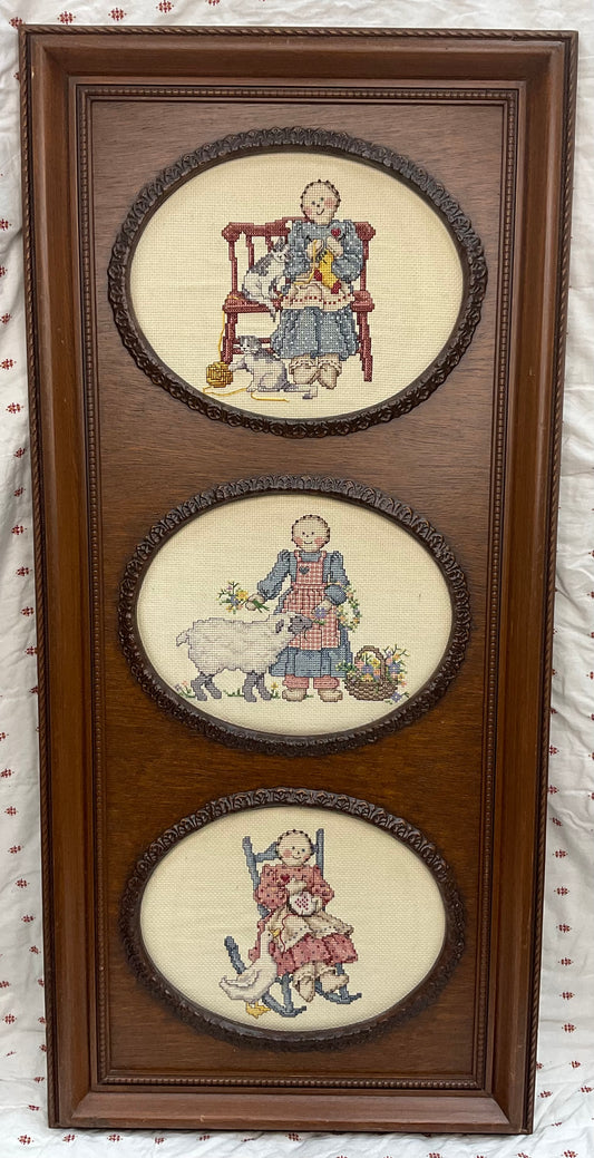 Vintage framed trio needlepoint art