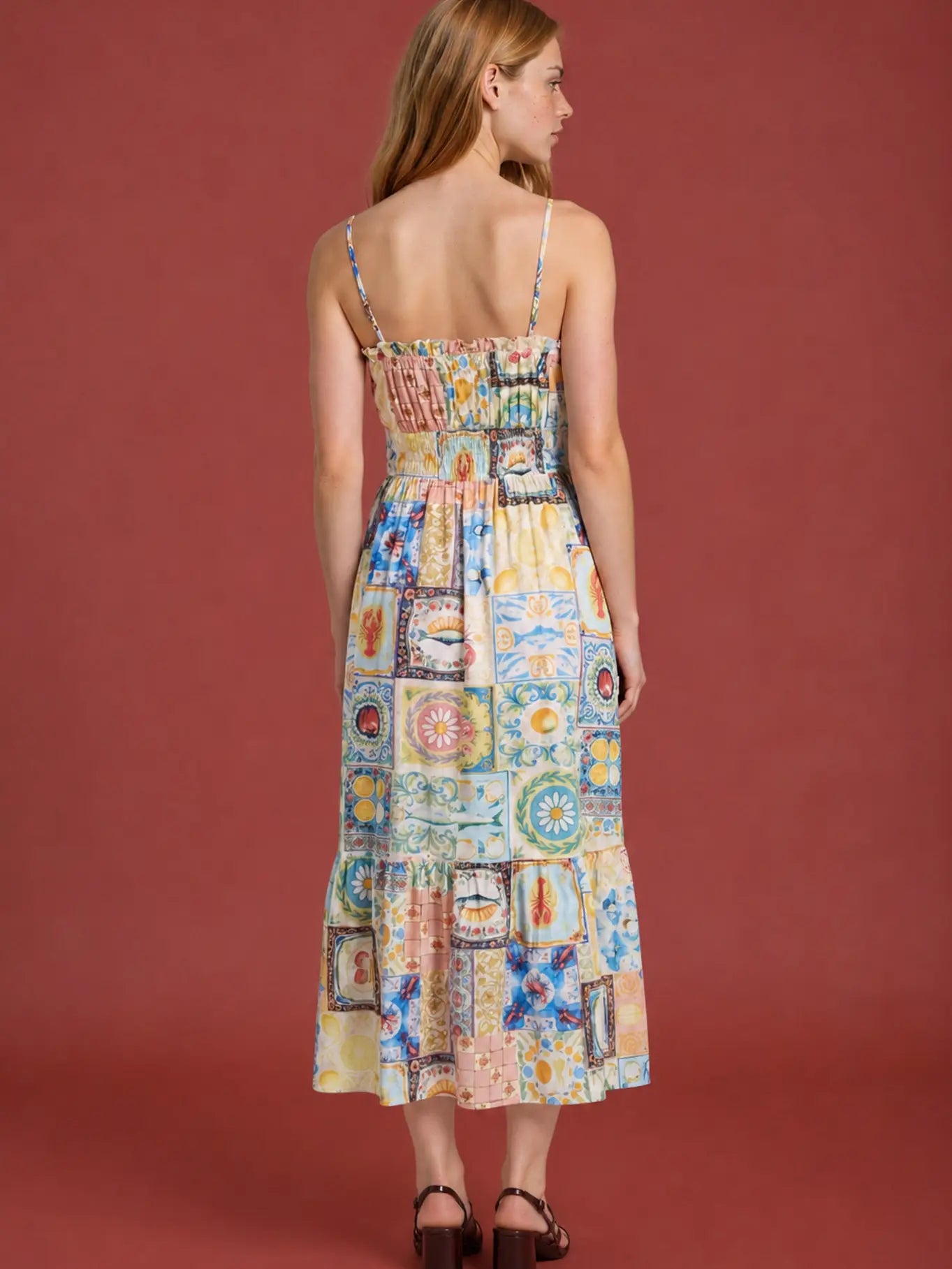 Positano Motif Spaghetti Strap Side Strap Midi Dress