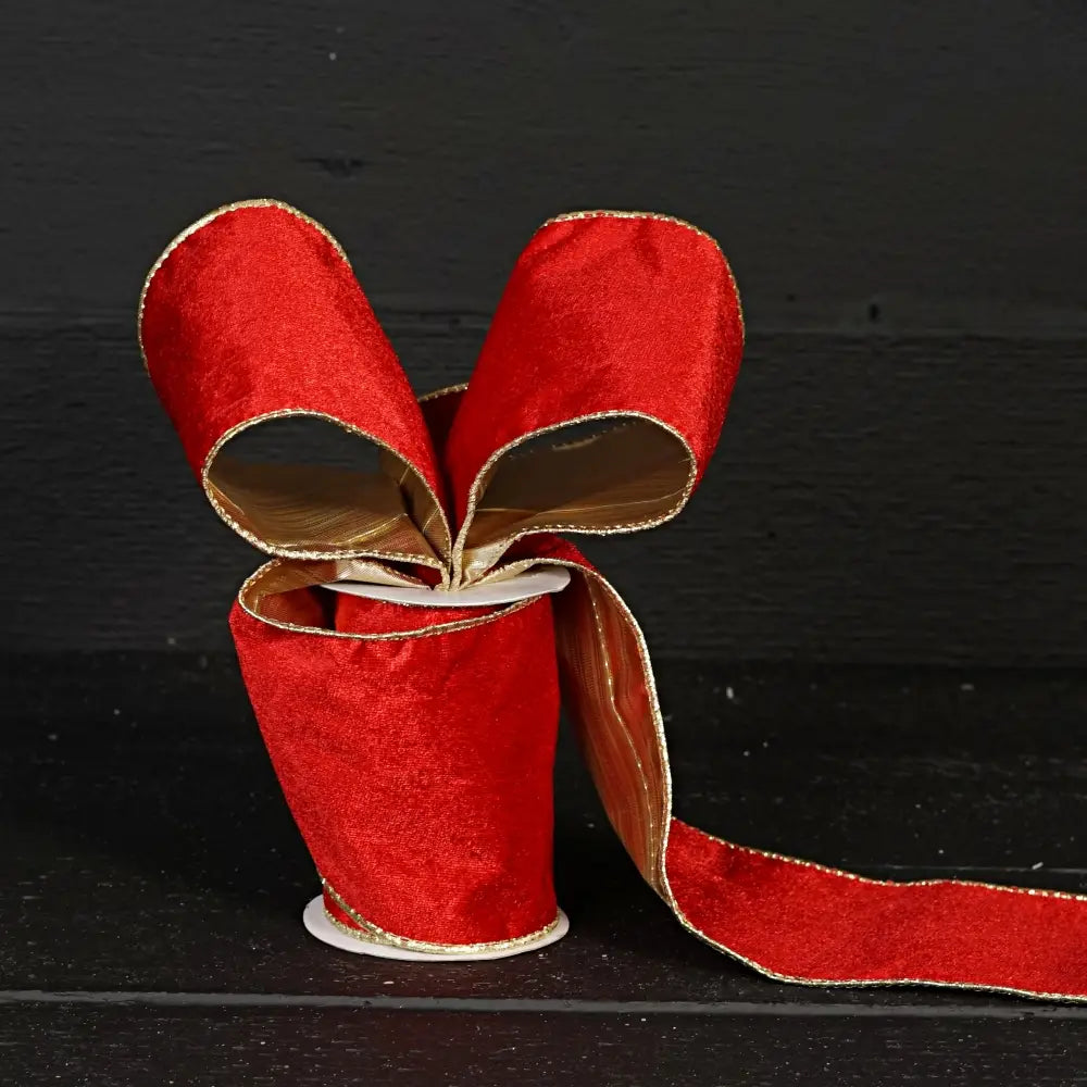Wired Ribbon-Red Hard Velvet W. Gold Back (4inW)