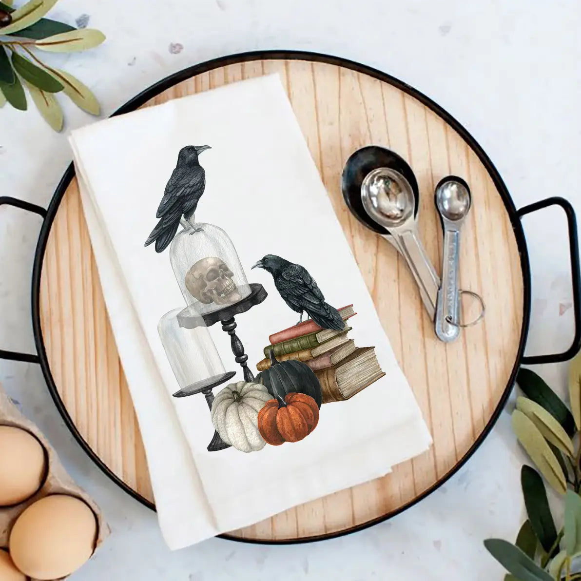 Halloween Black Crow Pumpkins Flour Sack Tea Towel