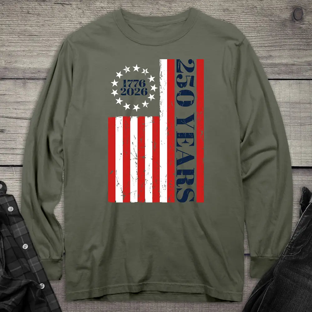 USA 250 Years Flag Long Sleeve Tee Military Green