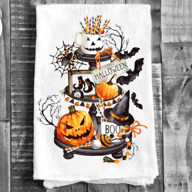 Halloween 3 Tiered Tray Cotton Tea Towels Kitchen