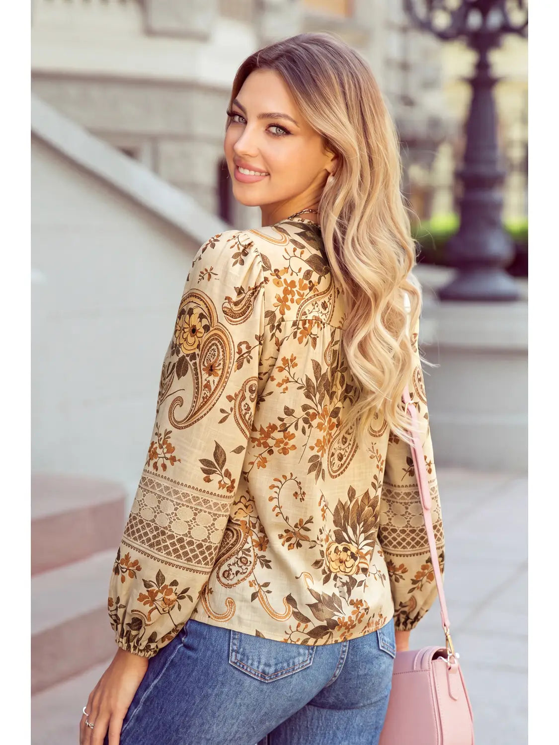 Bohemian Floral Paisley Print V Neck Puff Sleeve Top