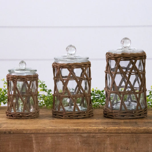 Wicker Wrapped Glass Canister Set