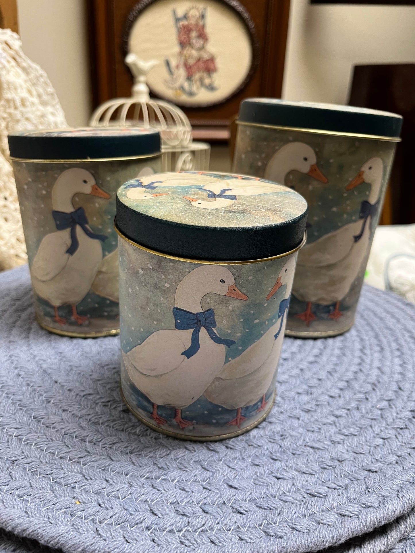 Set 3 vintage blue geese nesting tin canisters