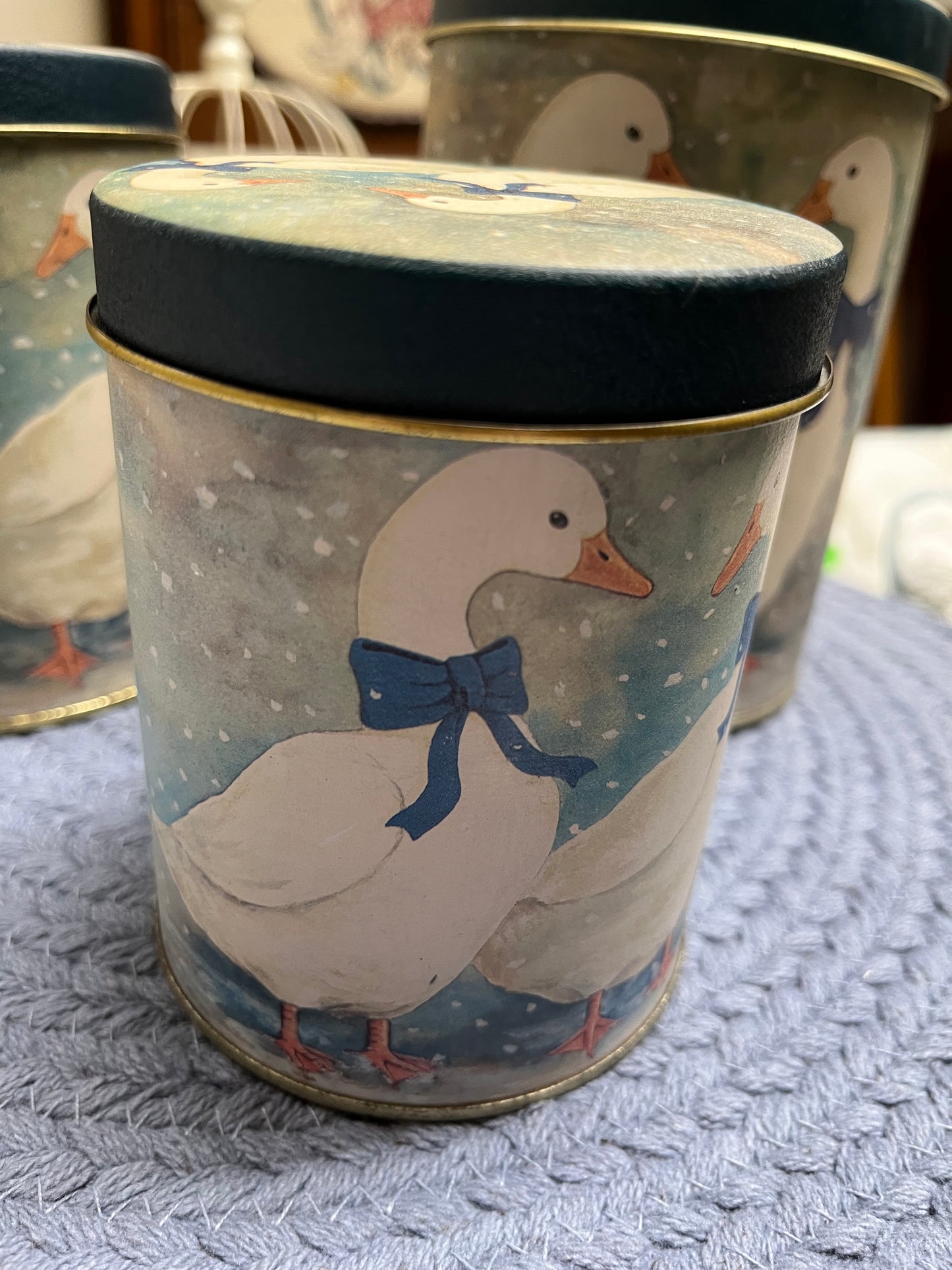 Set 3 vintage blue geese nesting tin canisters