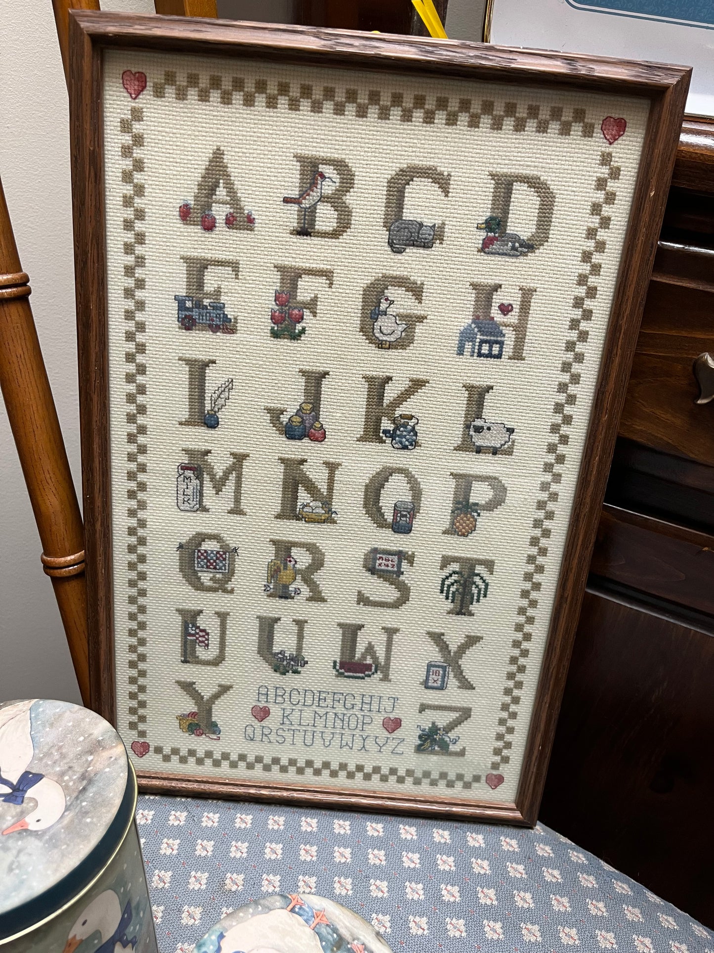Vintage framed Country needlepoint Alphabet