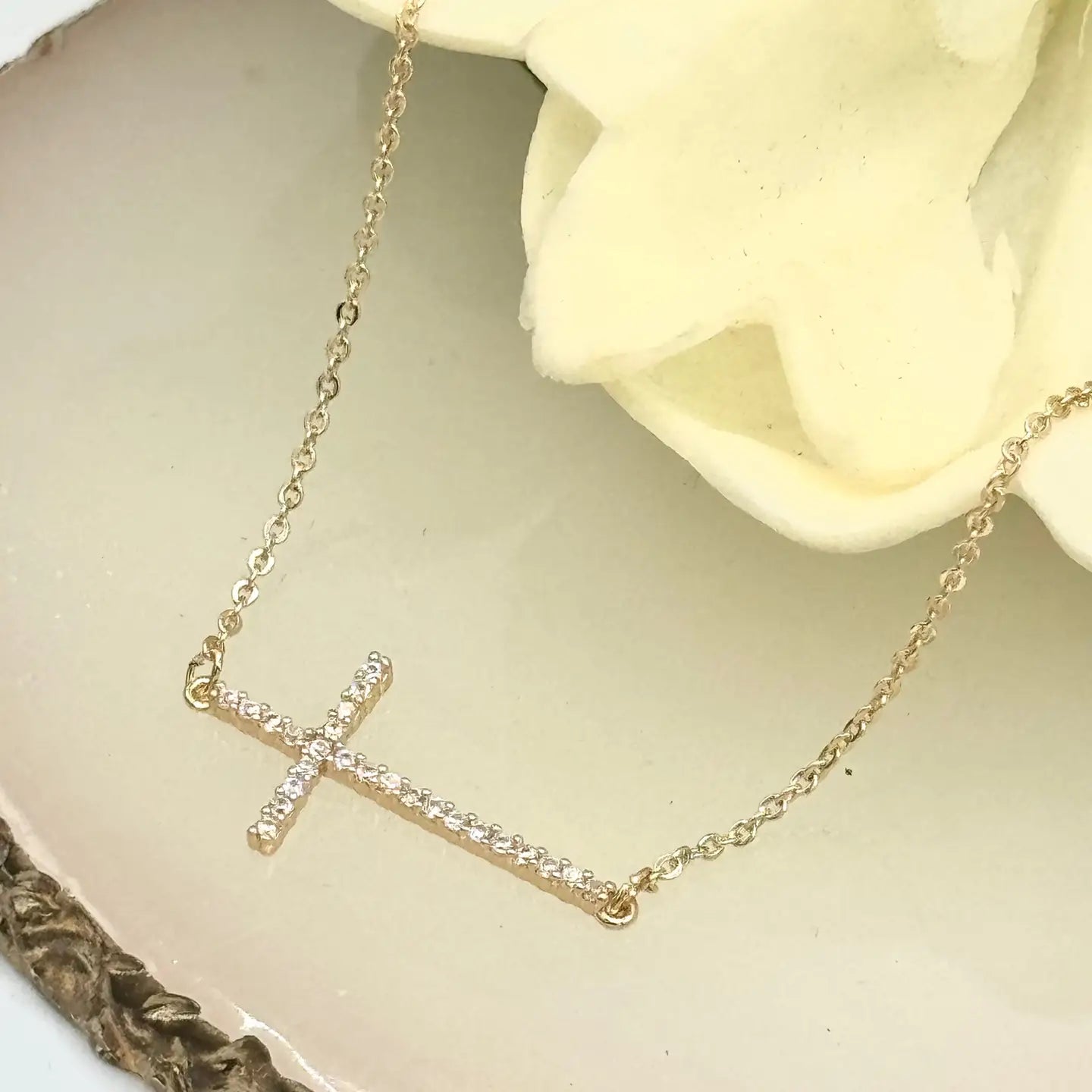 Gold Rhinestone Side Cross Necklace