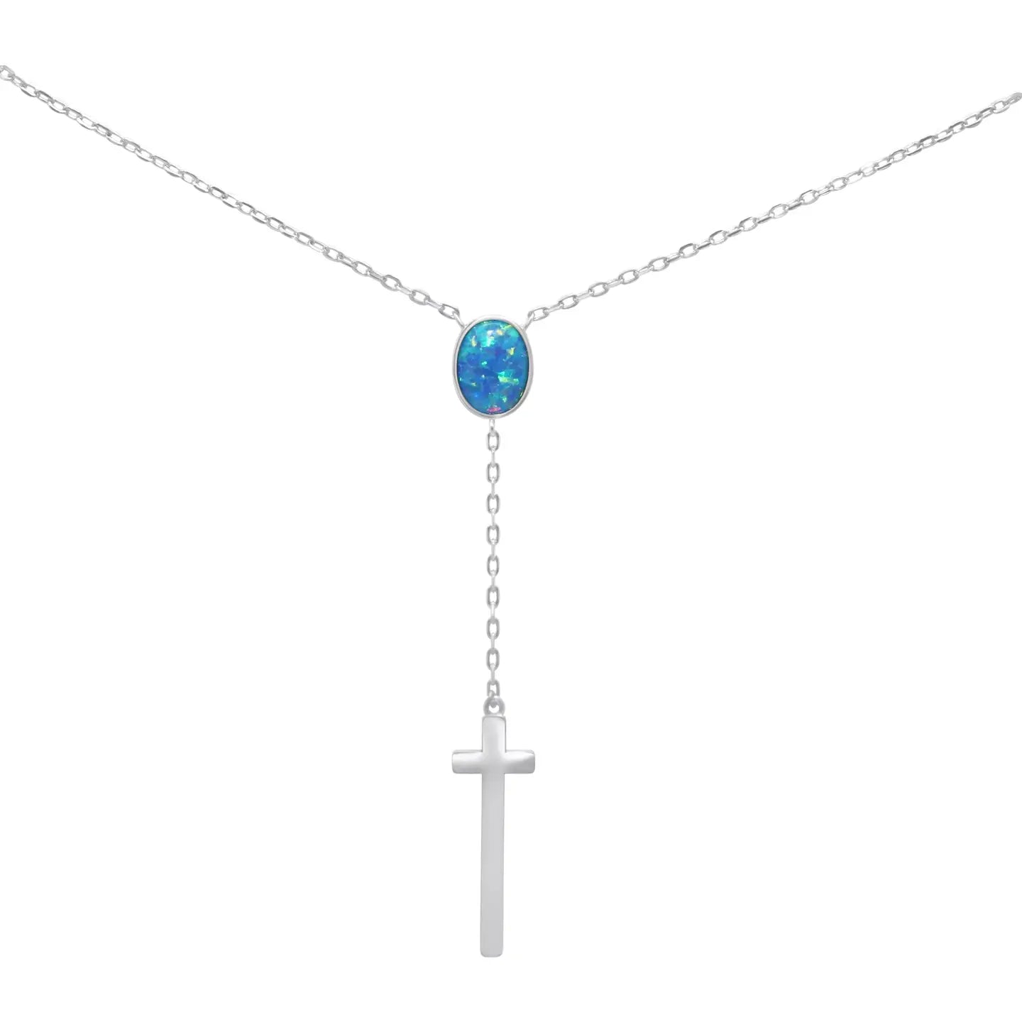 Sterling Silver Opal Drop Down Cross Necklace