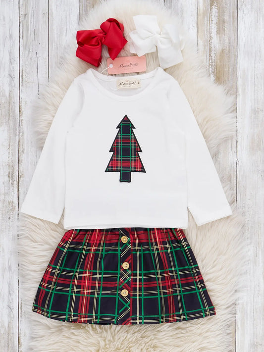 Tartan Christmas Tree Embroidered Skirt Outfit