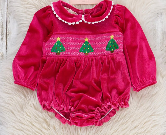 Christmas Tree Smocked Velvet Romper