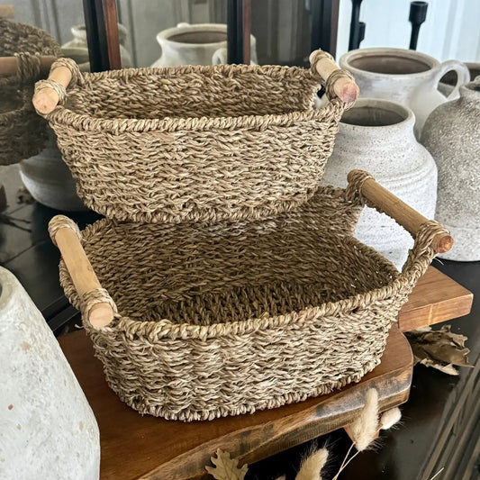 Wood Handle Oval Seagrass Baskets set 2