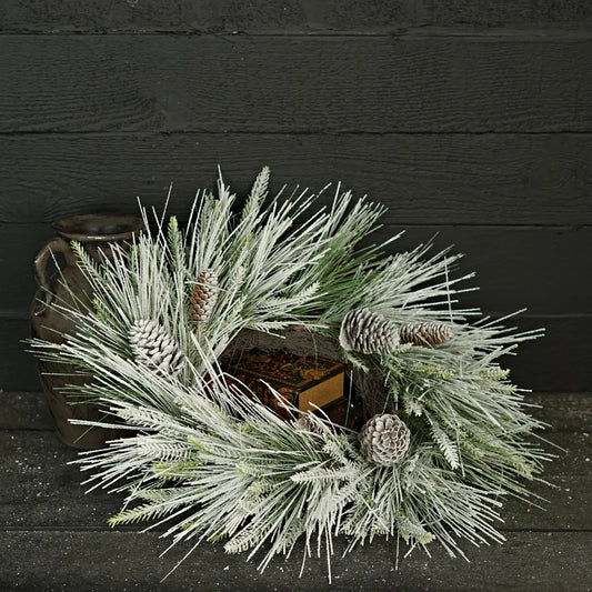 24in Twig Wreath-Heavy Snow Flocked Needle Pines