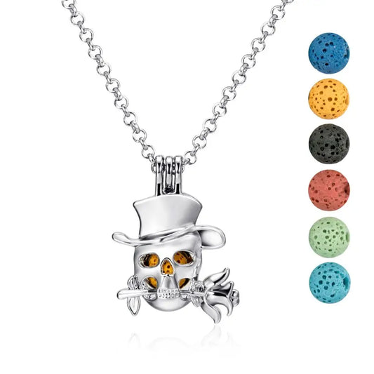 Skull Tophat Necklace Diffuser with Lava Stones Necklace