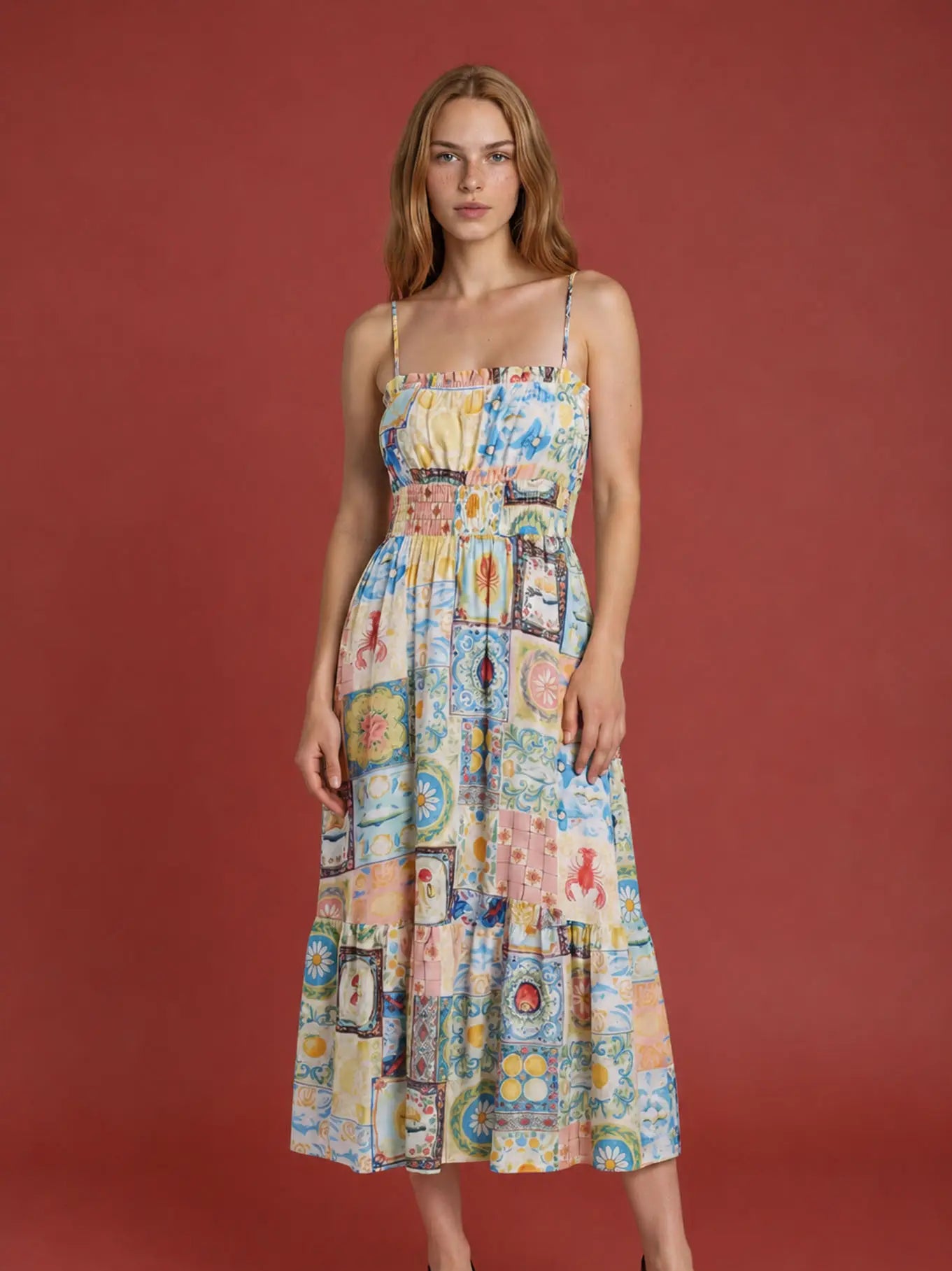 Positano Motif Spaghetti Strap Side Strap Midi Dress
