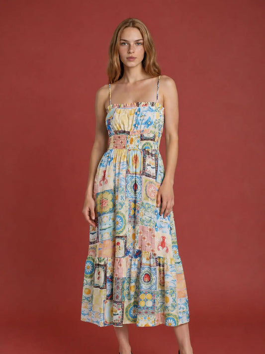Positano Motif Spaghetti Strap Side Strap Midi Dress