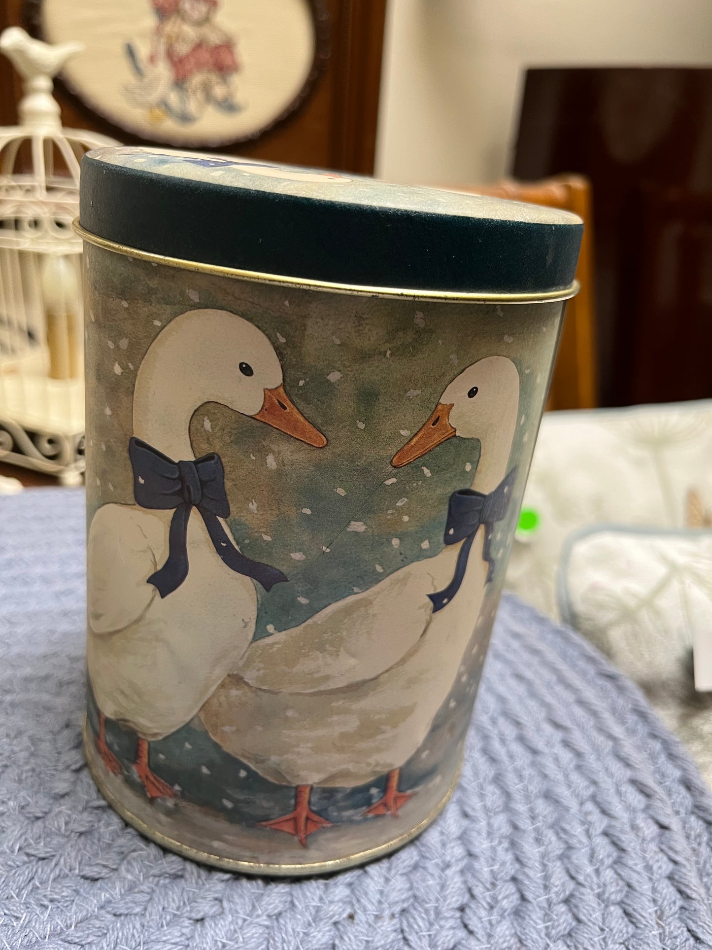 Set 3 vintage blue geese nesting tin canisters