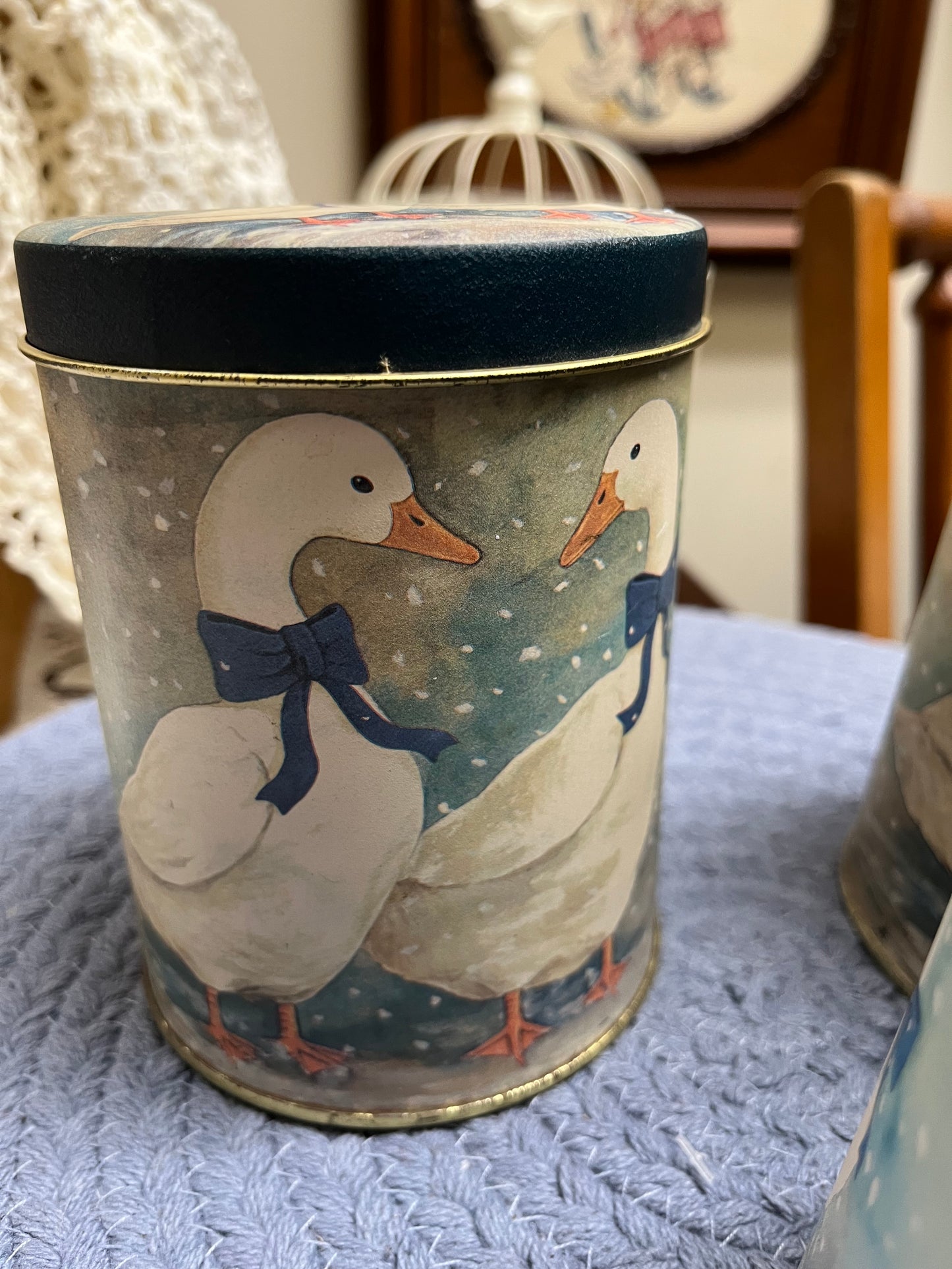 Set 3 vintage blue geese nesting tin canisters