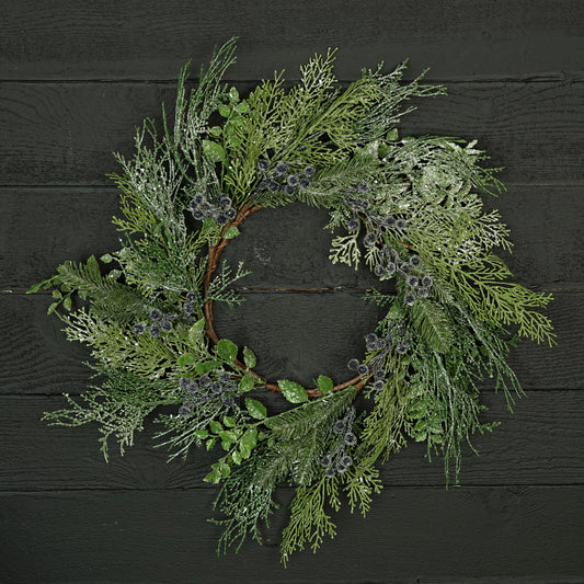 22in Wreath-Sparkled Blue Berry and Mix Pines