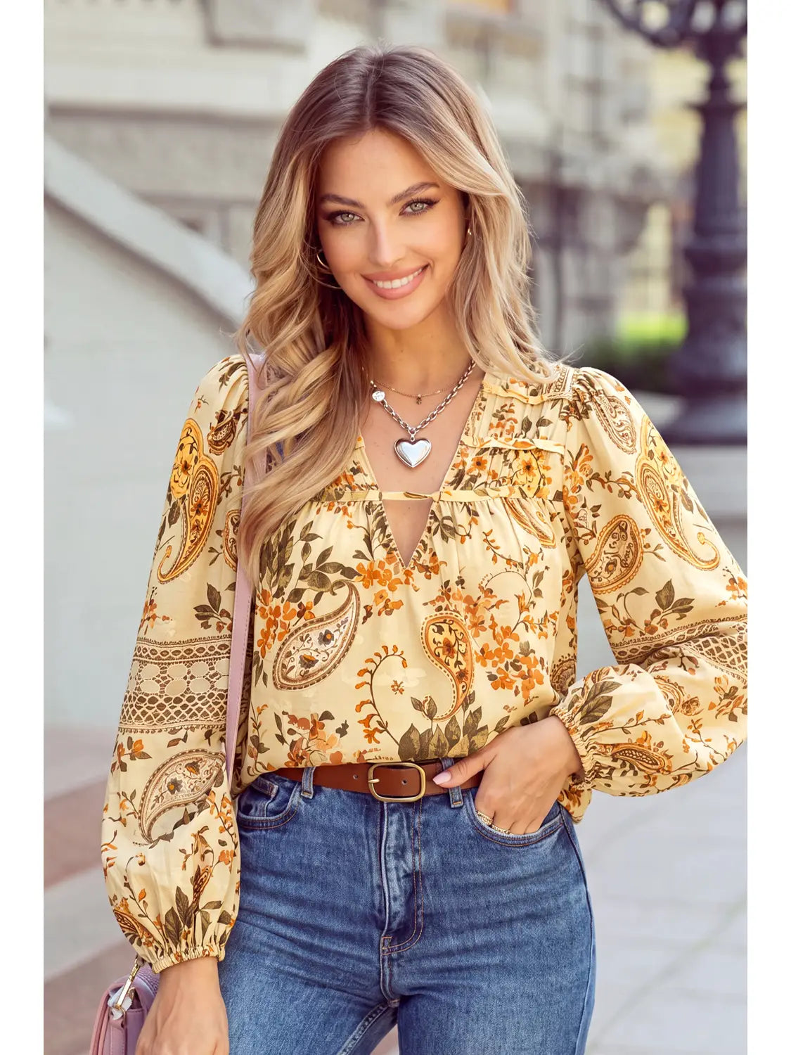Bohemian Floral Paisley Print V Neck Puff Sleeve Top