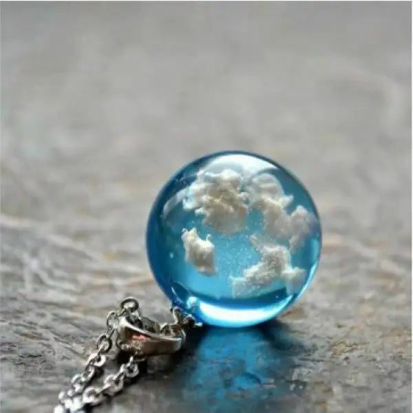 Blue Sky Cloud Pendant Necklace Glass Orb Resin Marble Bal