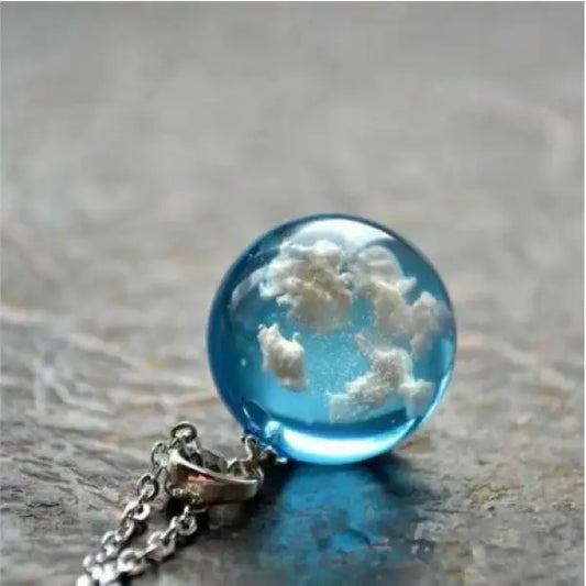 Blue Sky Cloud Pendant Necklace Glass Orb Resin Marble Bal