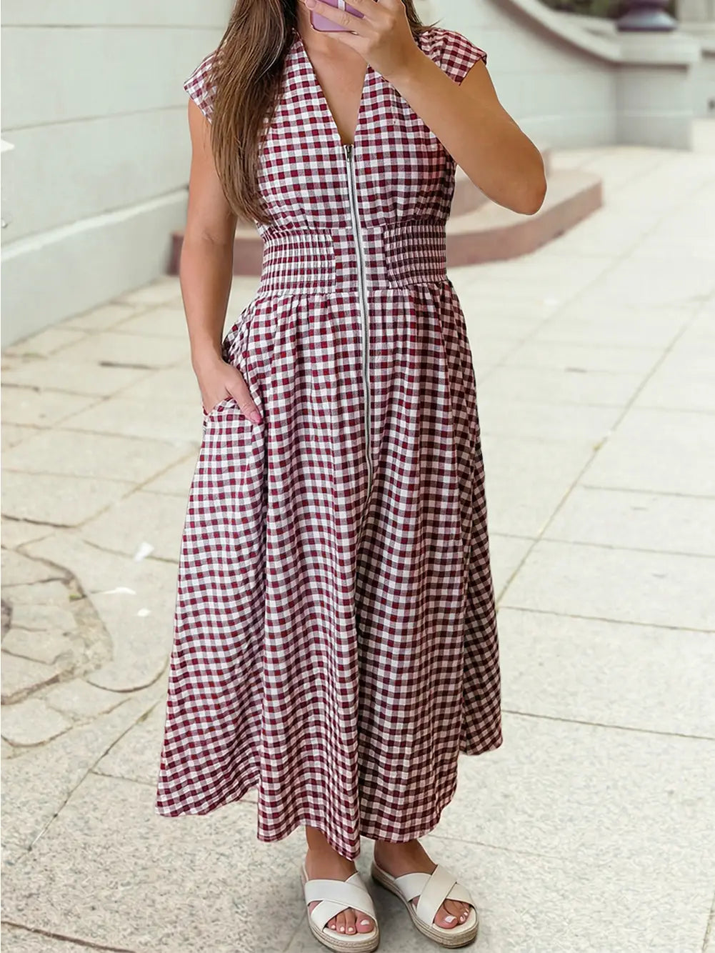 Full Zipper Gingham Waist Fit Flare Sleeveless Maxi Dress