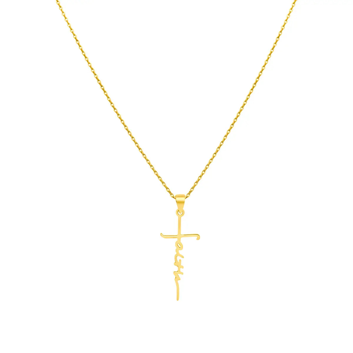 Gold tone Faith Cross Cursive Drop Down Necklace