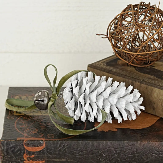 8inL White Jumbo Pinecone W.Silver Bell Green Ribbon