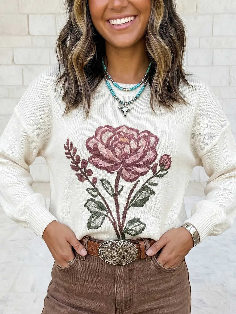 Western Floral Dropped Shoulder Lightweight Knit Sweater