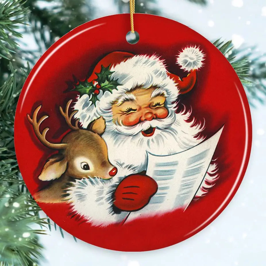 Santa and Baby Reindeer Singing A Christmas Carol Ornament