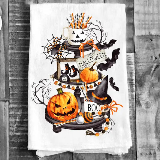 Halloween 3 Tiered Tray Cotton Tea Towels Kitchen