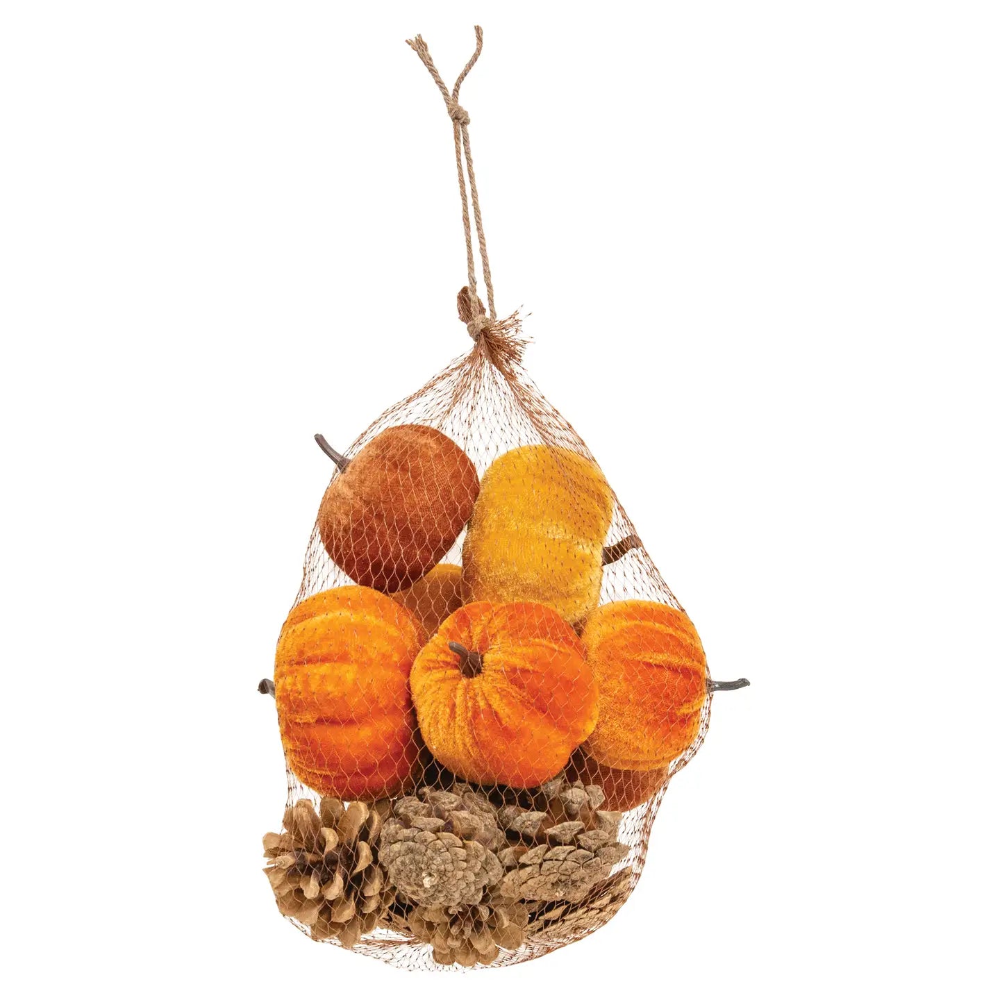 16/Set Pumpkins and Pinecones in Mesh Bag