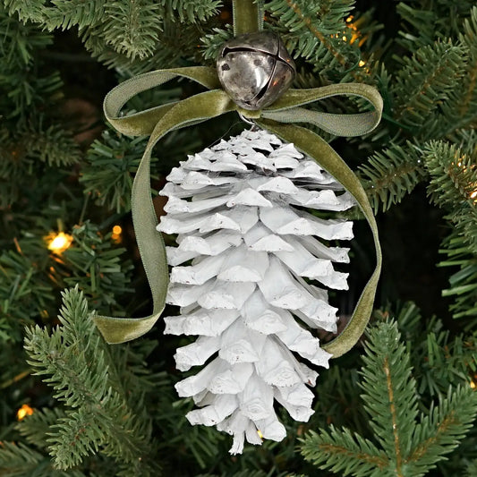 8inL White Jumbo Pinecone W.Silver Bell Green Ribbon