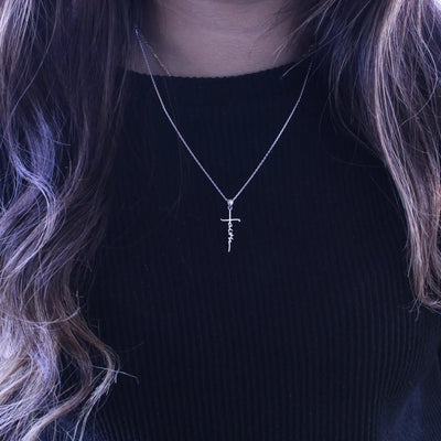 Gold tone Faith Cross Cursive Drop Down Necklace