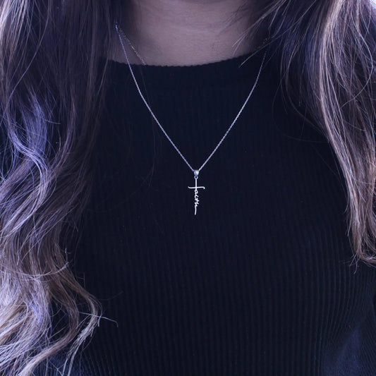 Gold tone Faith Cross Cursive Drop Down Necklace