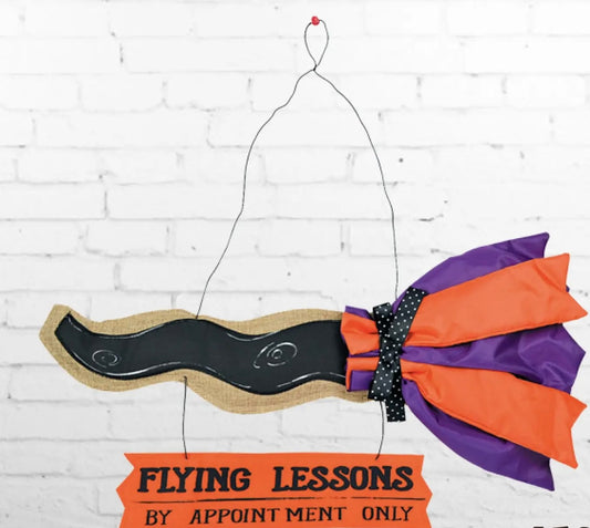 Witch's Broom Flying Lesson Burlap Wall Decor 21x12"