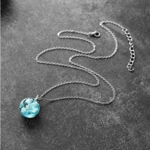 Blue Sky Cloud Pendant Necklace Glass Orb Resin Marble Bal