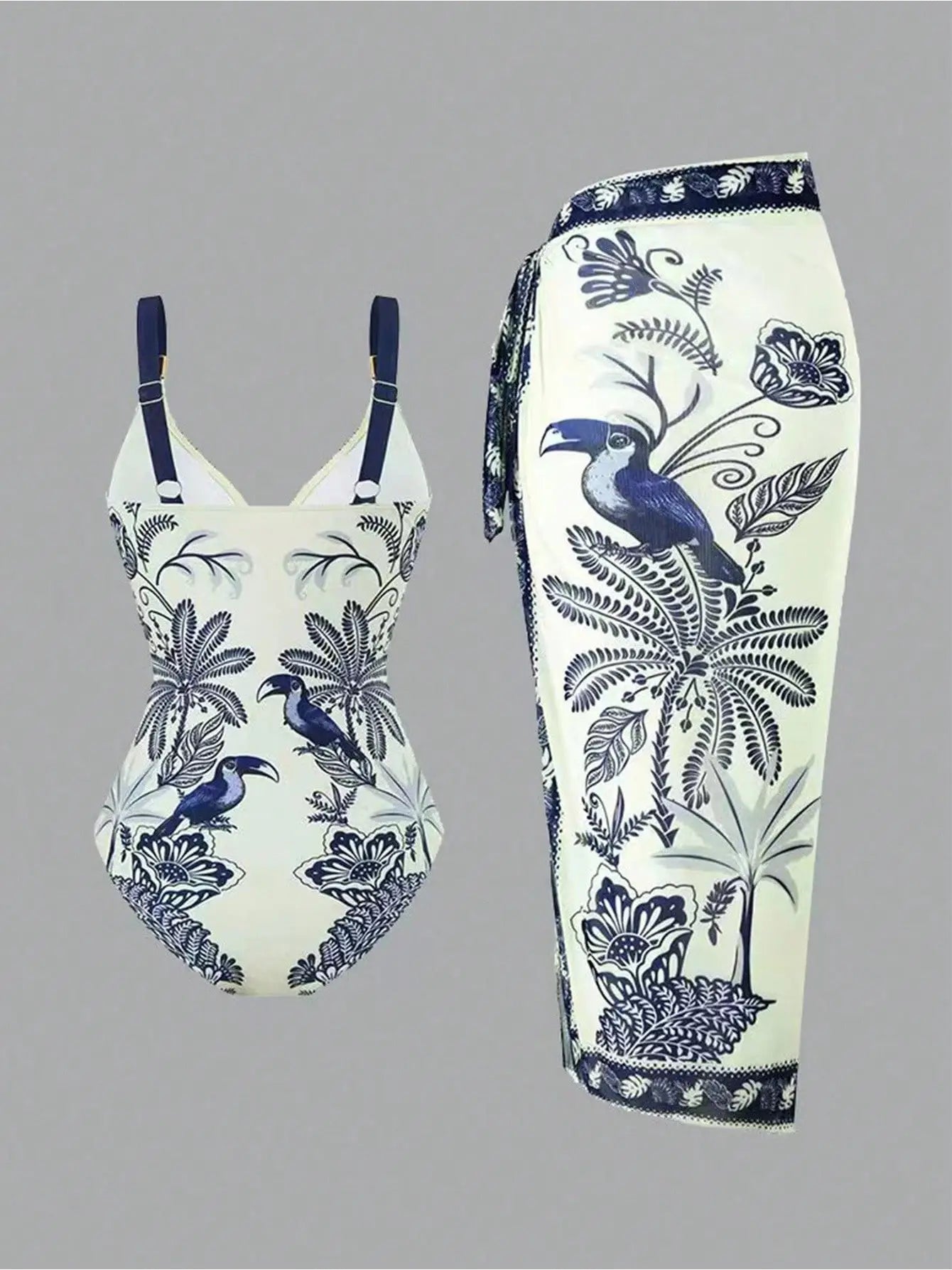 Printed One Piece Swimsuit with Matching Wrap Skirt