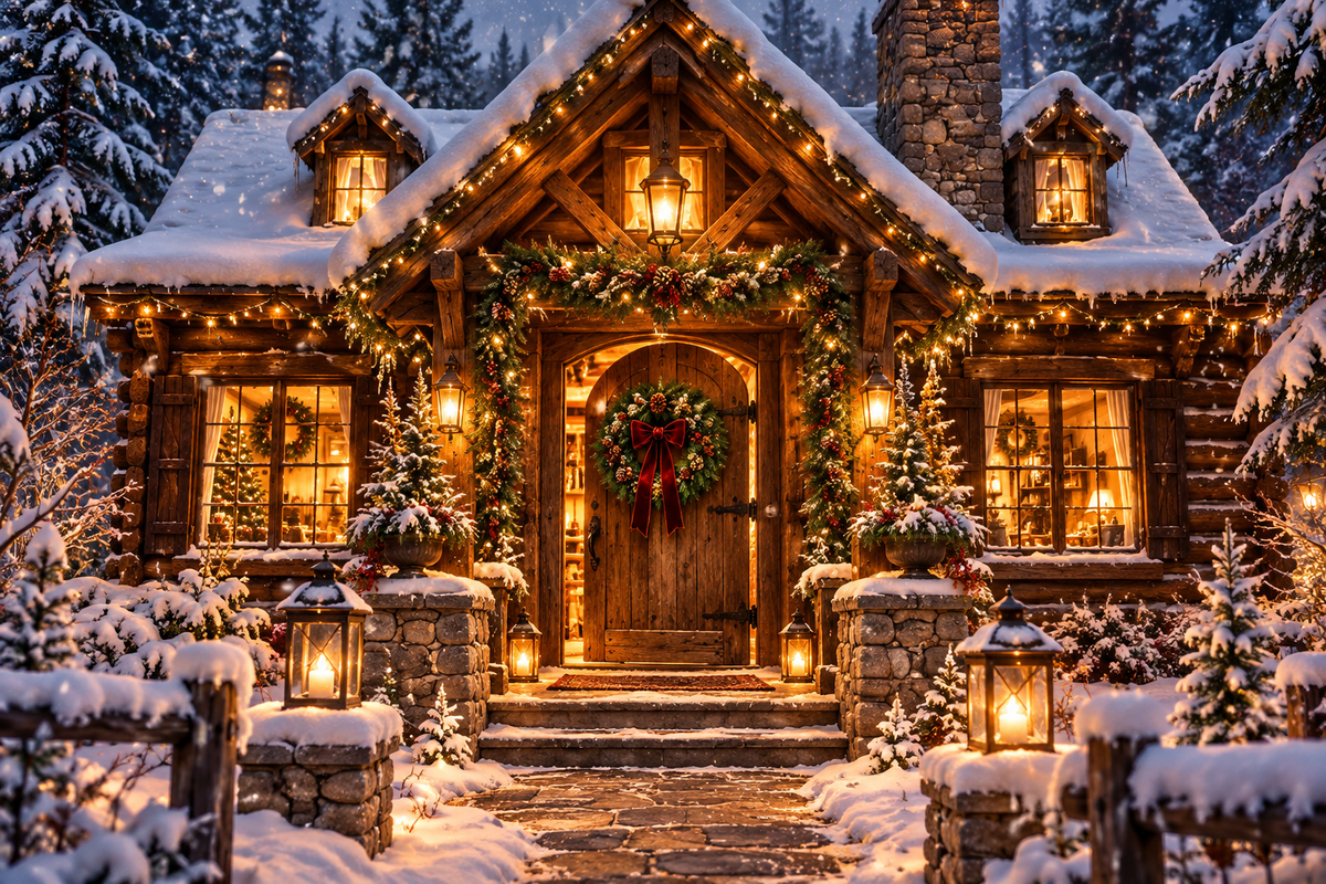 Snowy winter cabin exterior