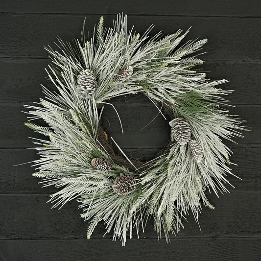 24in Twig Wreath-Heavy Snow Flocked Needle Pines