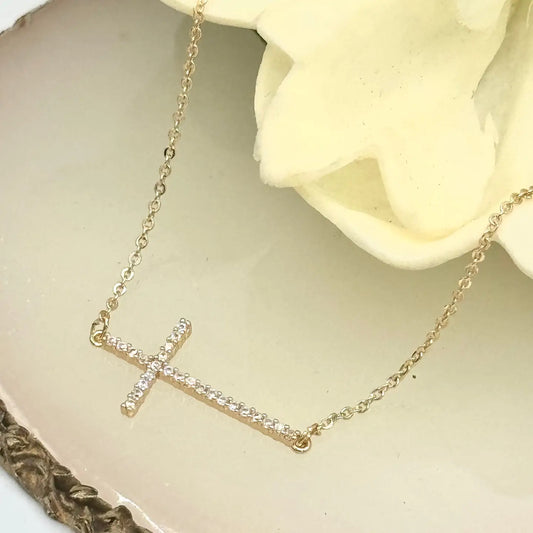 Gold Rhinestone Side Cross Necklace