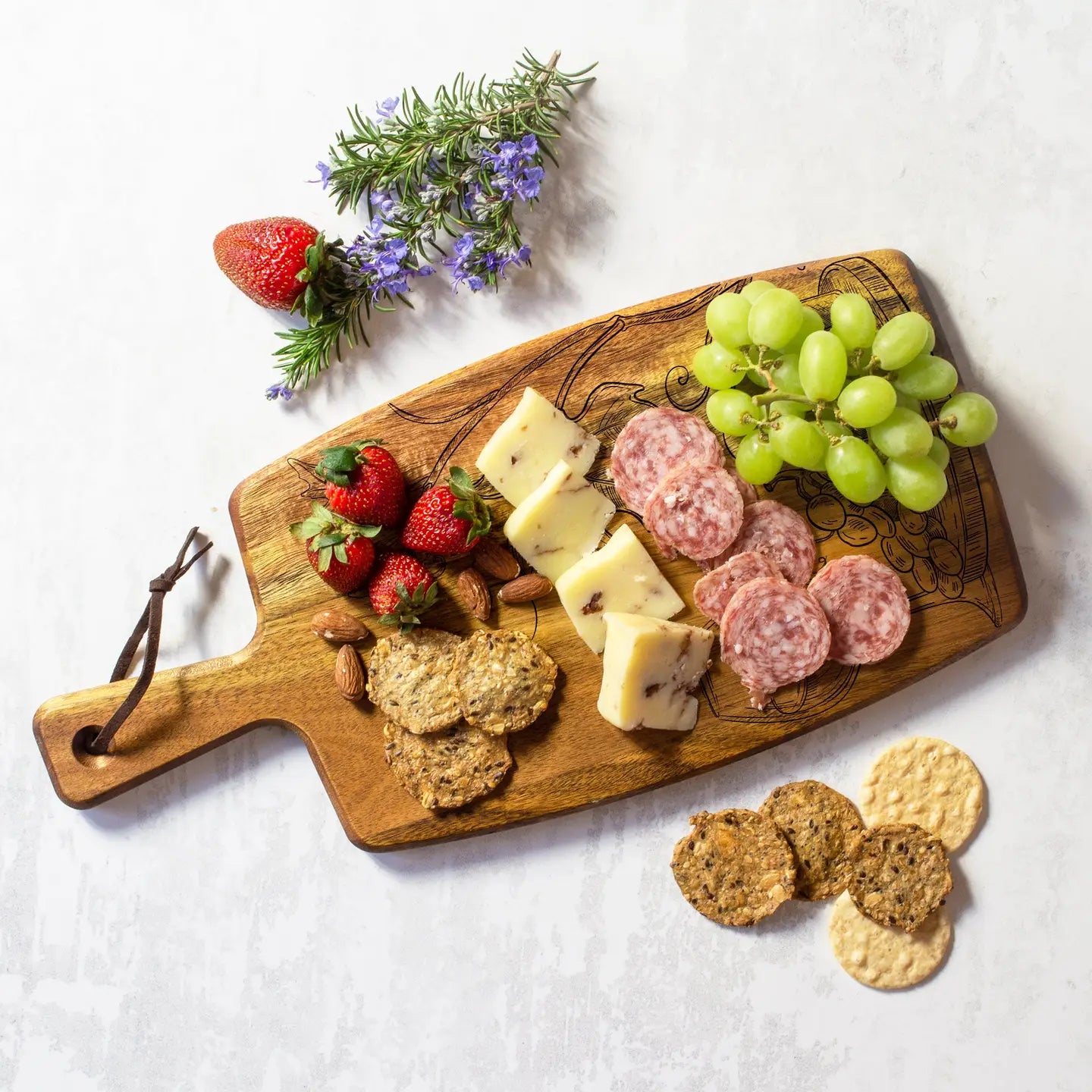Rock & Branch® Acacia Paddle Board with Engraved Wine & Cheese Pairing