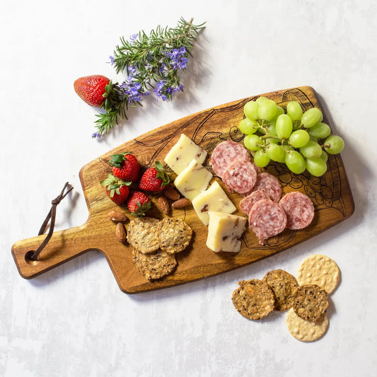Rock & Branch® Acacia Paddle Board with Engraved Wine & Cheese Pairing